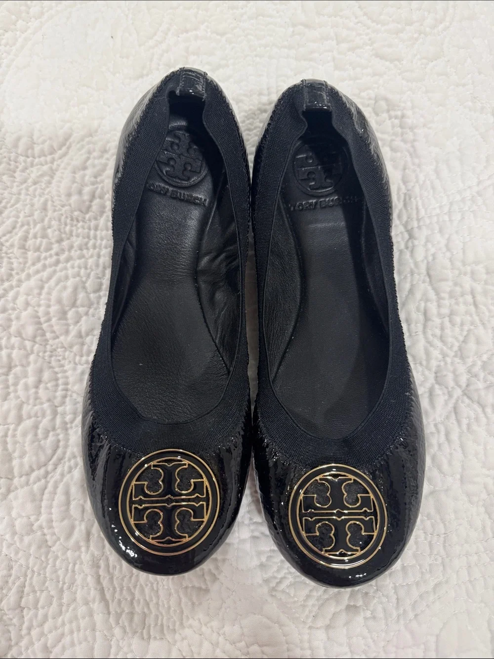 Tory Burch Black Patent Leather Logo Ballet Flats with Gold Medallion